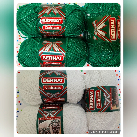🎄🎄🎄VINTAGE BERNAT CHRISTMAS YARN GREEN & WHITE WITH SILVER 6 SKEINS, 3.5 Oz - Picture 1 of 10